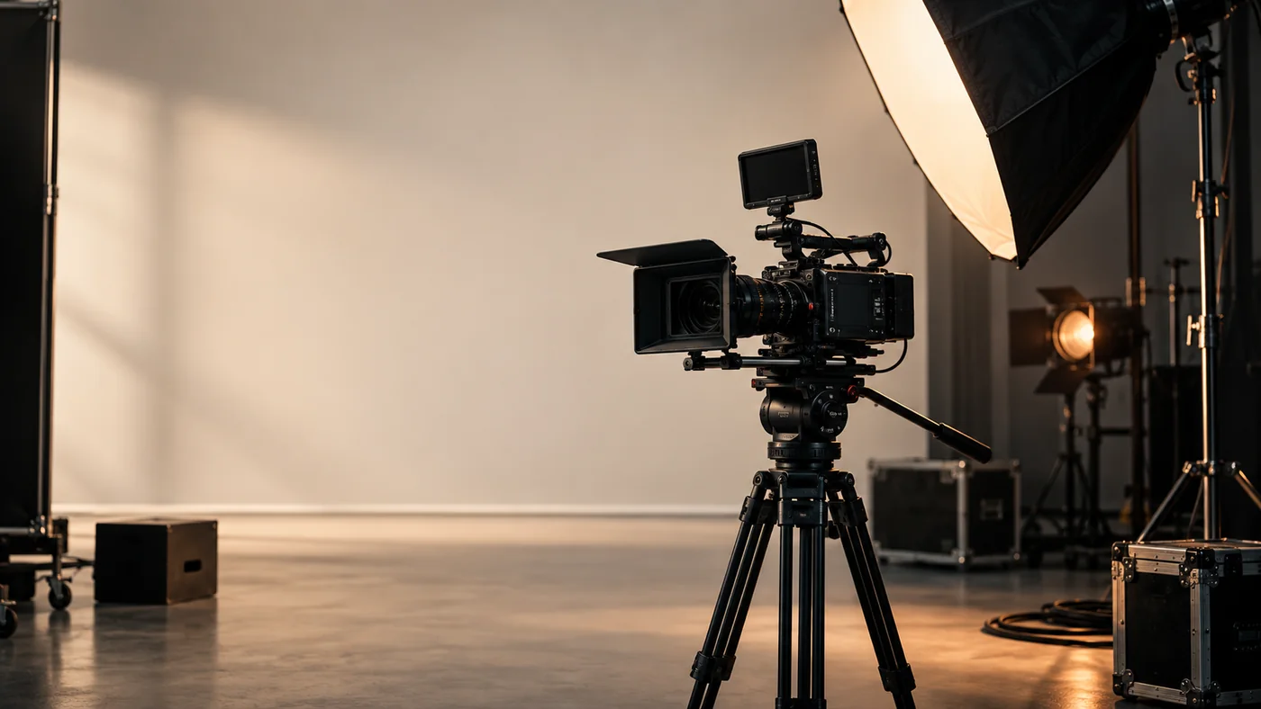 Cámara cinematográfica y luces profesionales preparadas para una producción audiovisual