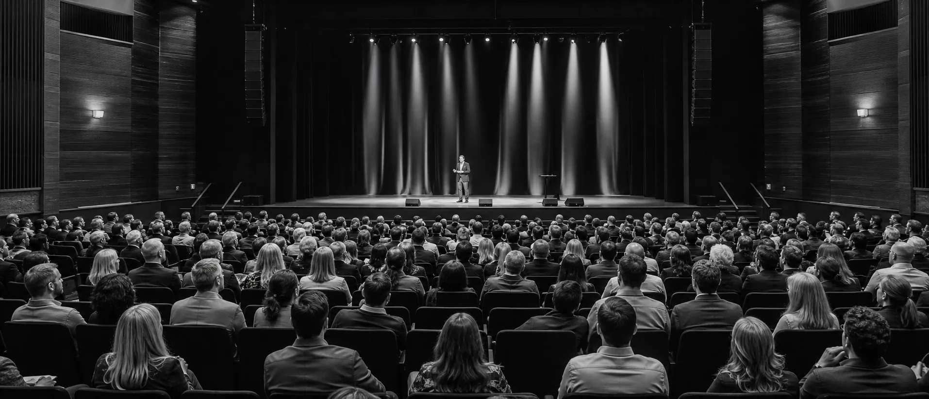 Audiencia completa en un teatro durante un evento corporativo